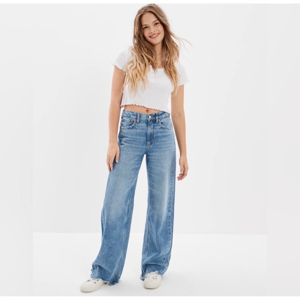 American Eagle Super High Rise Baggy Wide‎ Leg Blue Jeans Slouchy Sz 0 Short